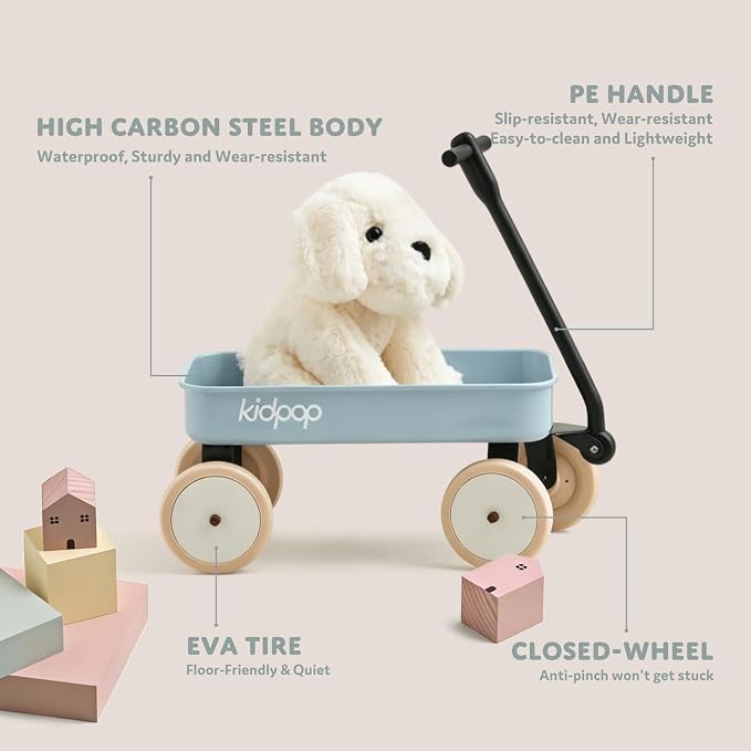 Kidpop Pula-Mini First Wagon for Toddlers, 4-Wheel Baby Pull Toy Cart for Kids Ages 1-3, Indoor & Outdoor Push Walker Toy, Ideal 1 Year Old Birthday Gifts (Blue)