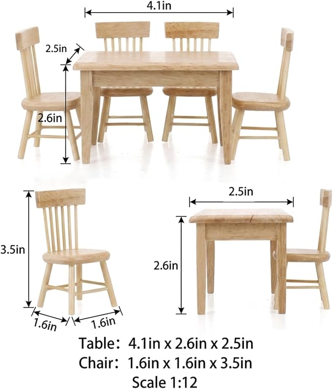 Z MAYABBO Wooden Dollhouse Furniture of Table & Chair, Miniature Dollhouse Accessories of Dining Room Accessory - 1/12 Scale