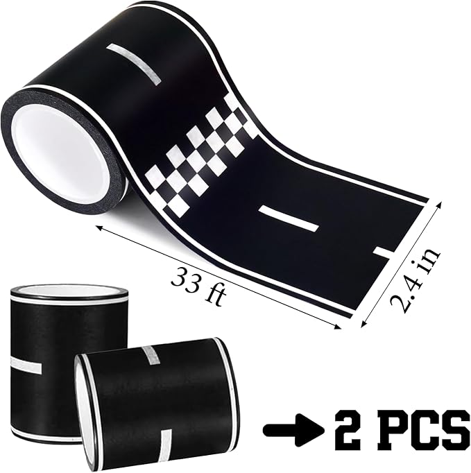 WNINK 2 Rolls Roadway Tape Road Tape, Kids Race Car Stickers, Race Car Track Decorations, 2.4 Inch Wide, 2 X 33 FT Long, Easy Tear, No Residue for Kids Birthday Racing Party Decoration