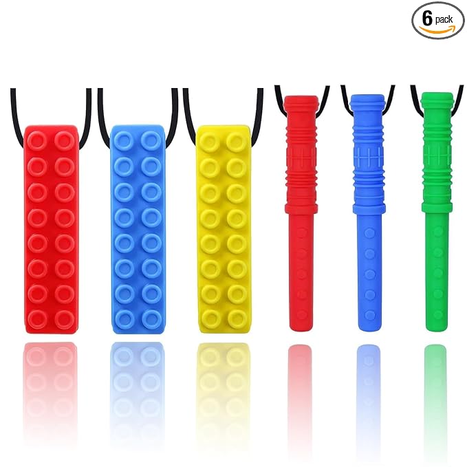 Chew Necklace by GNAWRISHING 6-Pieces Perfect for Autistic, ADHD, SPD, Oral Motor Children, Kids, Boys, and Girls (Tough, Long-Lasting)