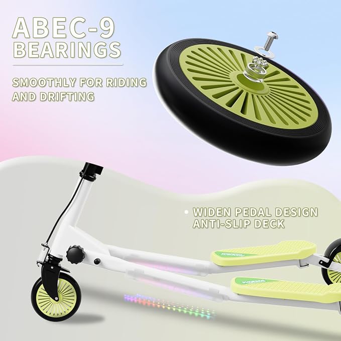 PHOEROS Upgraded Swing Wiggle Scooter,3 Wheels Drifiting Kick Scooter for Kids Ages 6-12,Teens&Adults,Youth Drifting Scooter with LED Light/4 Height Adjustable/Foldable Best Gift for Kids