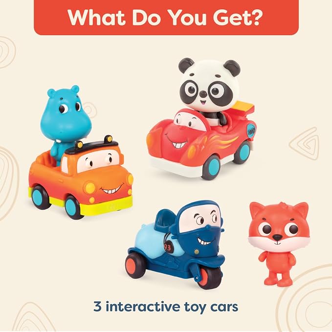 B. toys – Toy Vehicles & Animal Characters – Race Car, Motorcycle, Pick – Up Truck – Toy Cars for Toddlers, Kids – Lights & Sounds – 1 Year + – 3 – Pack Mini Riders
