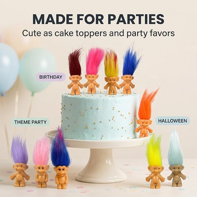 10PCS Mini troll Dolls, Assorted Hair Colors Vintage troll Dolls Action Figures 1.2" Cake Toppers Chromatic Adorable Cute Little Guys Collection, School Project, Arts Crafts, Party Favors