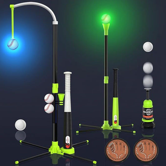 4-in-1 LED Baseball Set for Kids, Adjustable Height Hanging Tee Set with 2 Bats, Teeball Hitting Stand, Ball Launcher, Toss and Catch Ball Set, Sport Toys Outdoor/Indoor for Toddlers Boys Girls