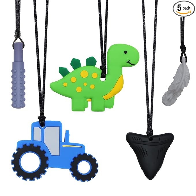 KongNai Chew Necklace for Sensory Kids, 5Pcs Chewy Necklaces for Boys and Girls with Autism ADHD, Chewable Silicone Pendant for Reducing Fidget Anxiety,Dinosaur Tractor Chewing Pendants for Toddler