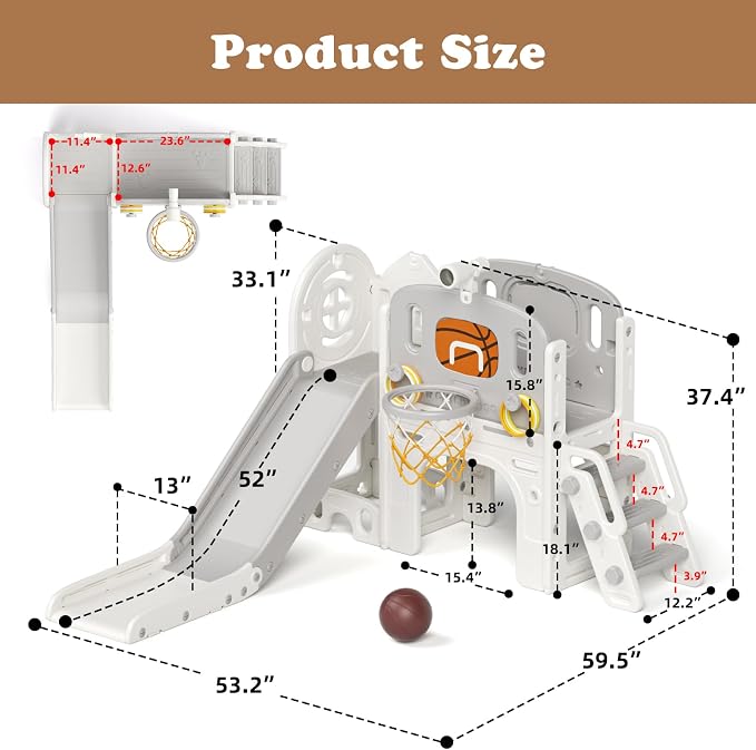 XJD 8 in 1 Toddler Slide Set, Kids Slide for Toddlers Age 1+, Climber Slide PlaySet with Basketball Hoop and Ball,Outdoor Indoor Playground for Toddlers 1-3 (Gley, Small)