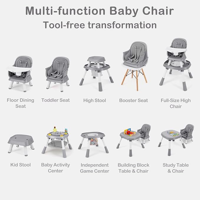 INFANS 9 in 1 High Chair, Convertible Baby Highchair for Babies and Toddlers, Table and Chair Set Building Block Infant Dining Booster Seat, Kids Stool with Activity Children Play Kitchen (Grey)