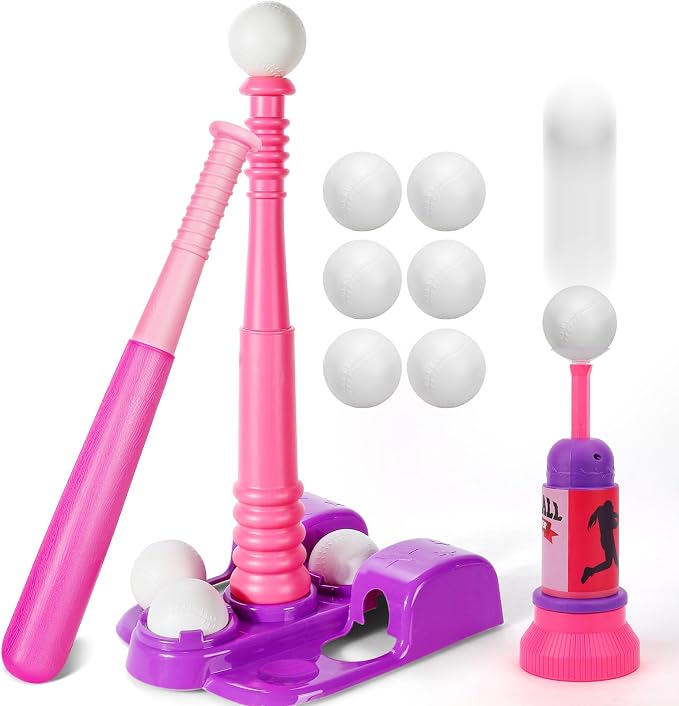TOY Life T Ball Sets for Kids 3-5, Baseball Set for Toddler Girls, TBall Stand with Ball Launcher and 6 Teeballs, Indoor/Outdoor Sport Toys Gifts for Girls, Pink
