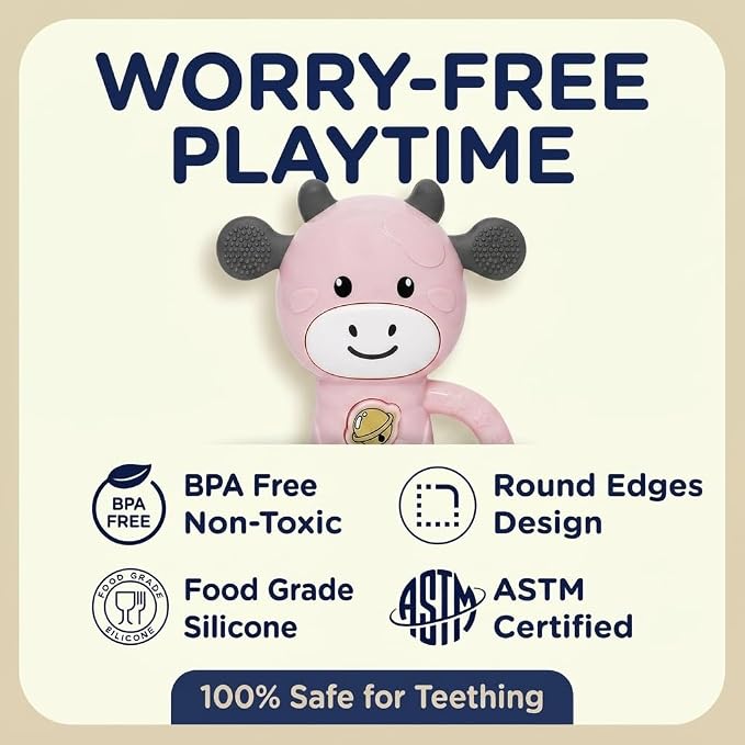 MooMoo Baby Musical Toy, 4‑in‑1 Light‑Up Sensory Toy & Teether for 3–24 Month Babies, BPA‑Free with Easy‑Grip Handle, Cute Cow‑Shaped Travel Toy for Car Seat & Stroller (Pink)