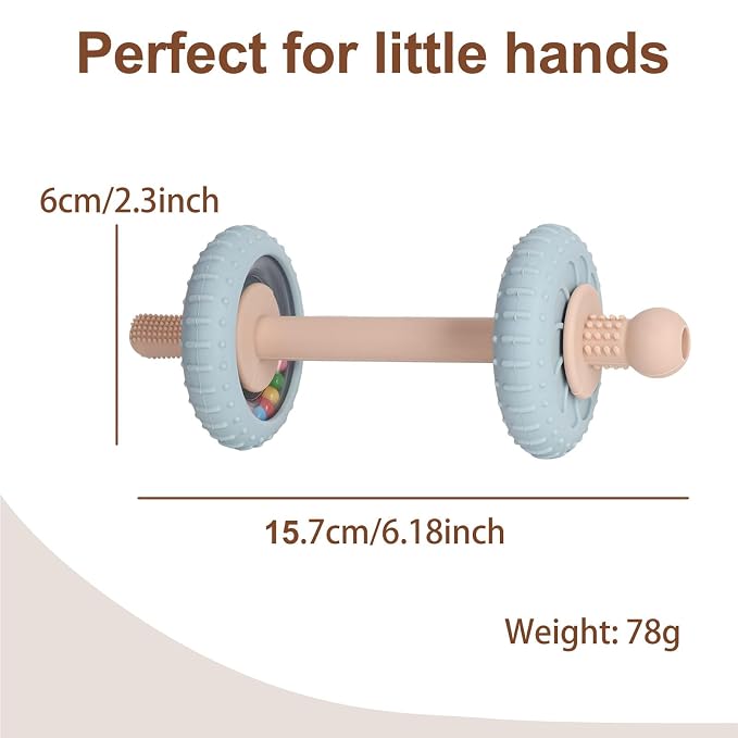 Baby Teething Toys Baby Rattle Teething Straw 3-in-1 Barbell-Shaped, Made from Silicone, Built-in Toothbrush Head and Nipple Shape, Bpa-Free, Phthalate Free, Professionally Certified, Blue