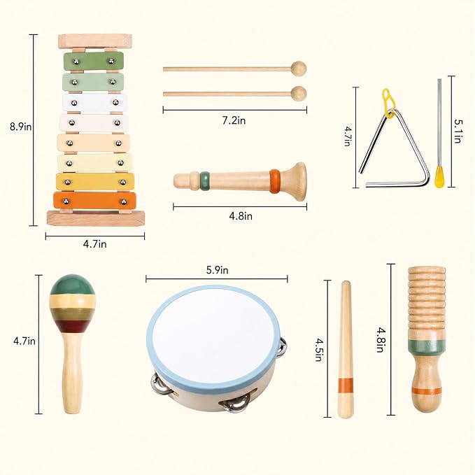 Wooden Musical Instruments Set for Toddlers 3+, Montessori Music Toys with Xylophone, Maracas & Tambourine, Soft Sound Indoor Percussion Toys, Early Learning Gift for Boys Girls