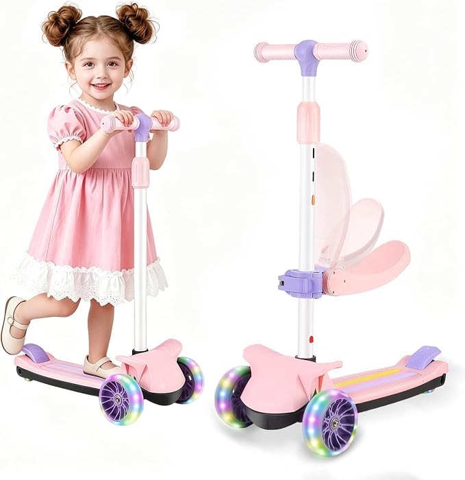 2 in 1 Kick Scooter with Removable Seat, 3 LED Wheels Kick Scooter for Kids, 4 Adjustable Height & Foldable Design Toddler Scooters Sit or Stand Ride for Boys & Girls 2-10 Years Old