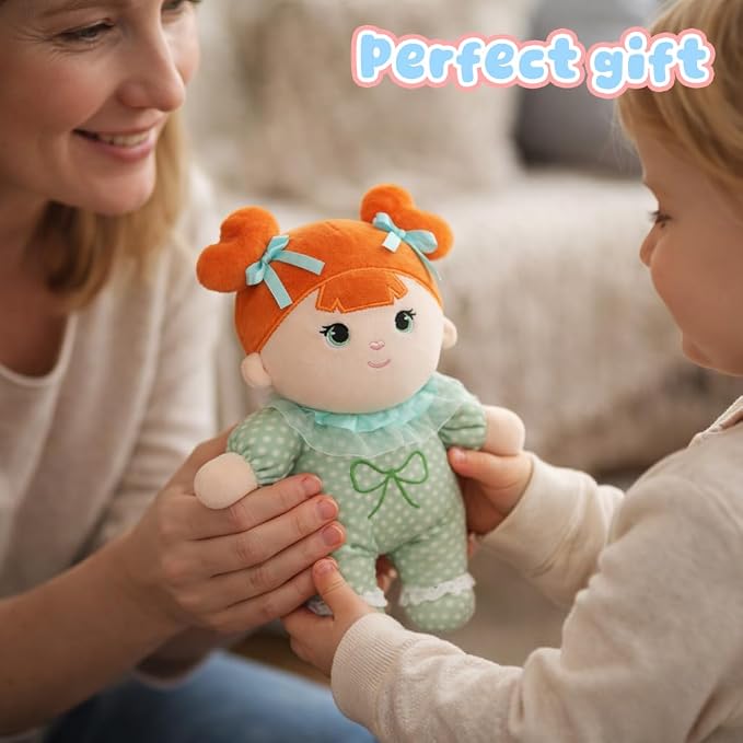 Soft Baby Doll My First Baby Rag Dolls for Kids,Snuggle Buddy Toys for 1 Year Old Girl,Birthday Gifts for Girls Infants 10"(Green)