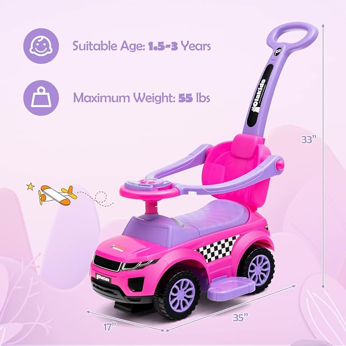 OLAKIDS 4 in 1 Ride on Push Car, Toddlers Stroller Sliding Walking with Horn, Music, Lights, Removable Guardrails and Handle, Underneath Storage, Baby Foot-to-Floor Walker Boys Girls (Pink)