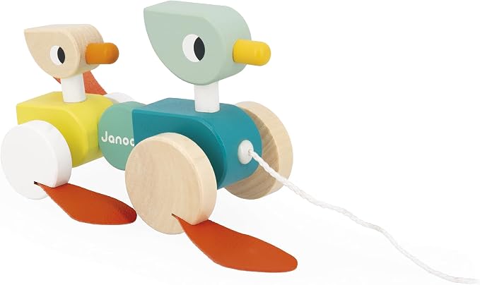 Janod Zigolos Pull Along Duck Family Early Learning and Motor Skills Toy with Flapping Feet Made of Beech and Cherry Wood for Ages 12 Months