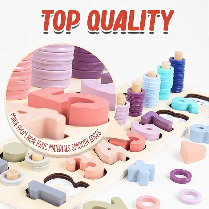 CozyBomB™ Educational Montessori Toys for 1 Year Old Toddlers - Wooden Puzzles Blocks Number Stacking Preschool Learning Activities Shape sorter Math Game Counters Baby Kids Ages 3 4 5 Years Old