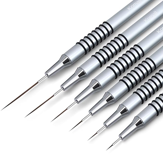 Komall Metallic Nail Art Brushes, 6Pcs Non Slip Liner Brush Set, UV Gel Polish Painting Art Design Pen for Long Lines, Thin Details, Fine Drawing Sizes 5/7/9/11/20/25mm(Silver)