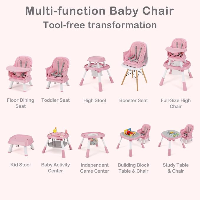 INFANS 9 in 1 High Chair, Convertible Baby Highchair for Babies and Toddlers, Table and Chair Set Building Block Infant Dining Booster Seat, Kids Stool with Activity Children Play Kitchen (Pink)