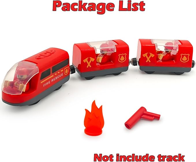 Battery Operated Rescue Fire Fighting Truck for Wooden Train Tracks with Figures Kids Magnetic Wooden Trains Set for Toddlers Boys 3-5 4-8 (Without Battery and Tracks)