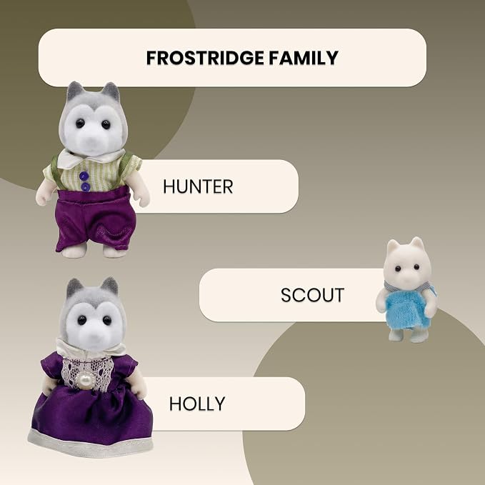 Family Gray Husky Figures — Set of 3 Collectible Flocked Mini Dolls with Removable Clothes, Dollhouse Pretend Play Set for Kids Ages 3+