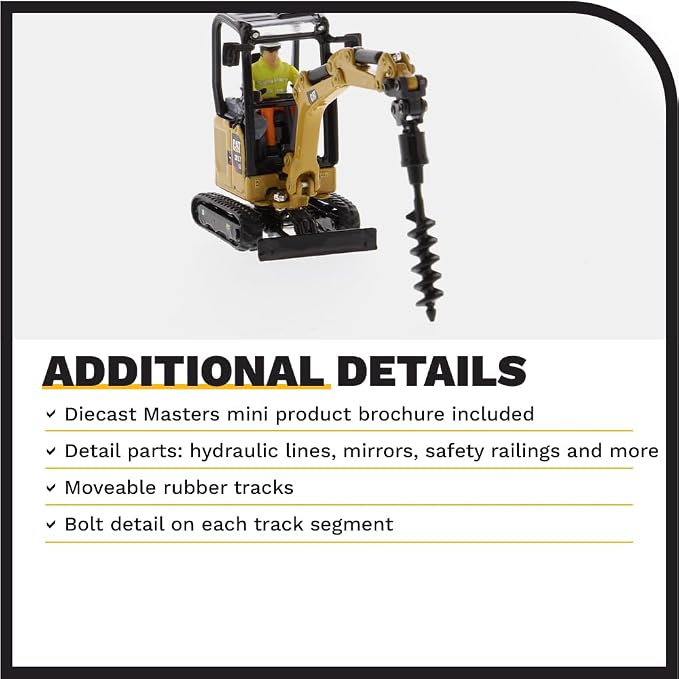 Diecast Masters CAT Caterpillar 301.7 CR Next Generation Mini Hydraulic Excavator with Work Tools and Operator High Line Series 1/50 Model 85597