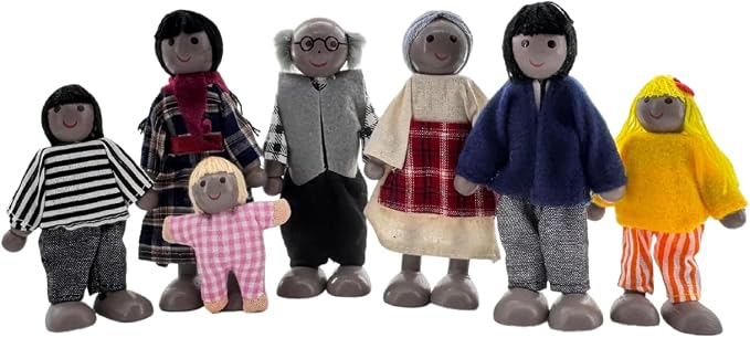 HYSTYLE 7 Pack Wooden Doll House Family Dollhouse Dolls Family Pretend Play Figures, Family Role Play Pretend Play Mini People Figures (African American)
