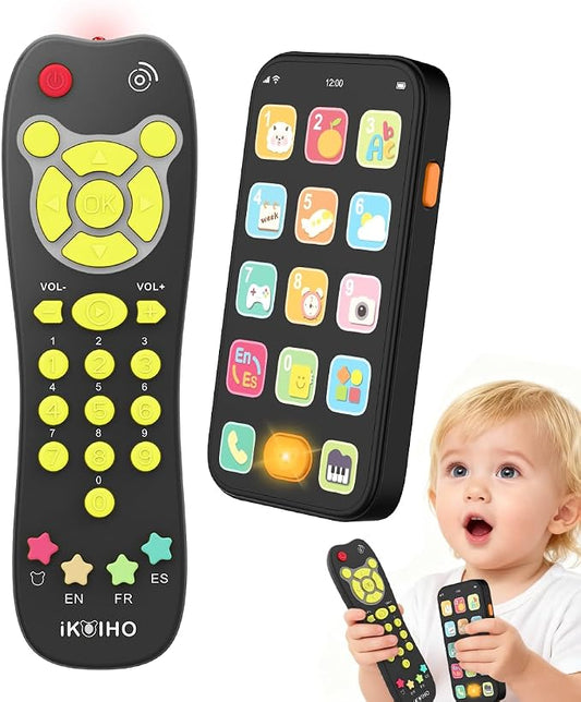 Baby Phone TV Remote Toy Set, Bilingual Play Phones Toy Remote for Baby with Music Light for 6+ Months, Early Learning Baby Toys Gift for 1 Year Old Boys Girls Toddler Infant, English/Spanish, Black