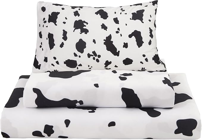 Viviland 3 Pieces Boys Girls Black White Twin Sheet Set - Soft Microfiber Fitted Flat Sheets & Pillowcase - Cute Farm Animal Cow Printed Bedding Sets - for Kids & Toddlers