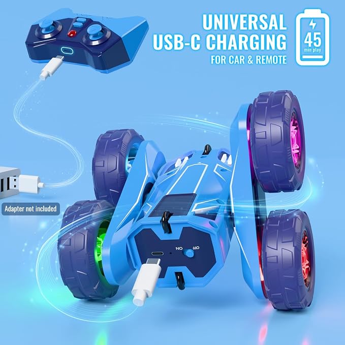 MaxTronic Fast Direct Charging Remote Control Car with LED，Exclusive Dual USB-C Charging for Car & Controller - 2.4Ghz 15km/h 360° Flips Rotations 4WD RC Stunt Car Fully Rechargeable for Kids 3-12