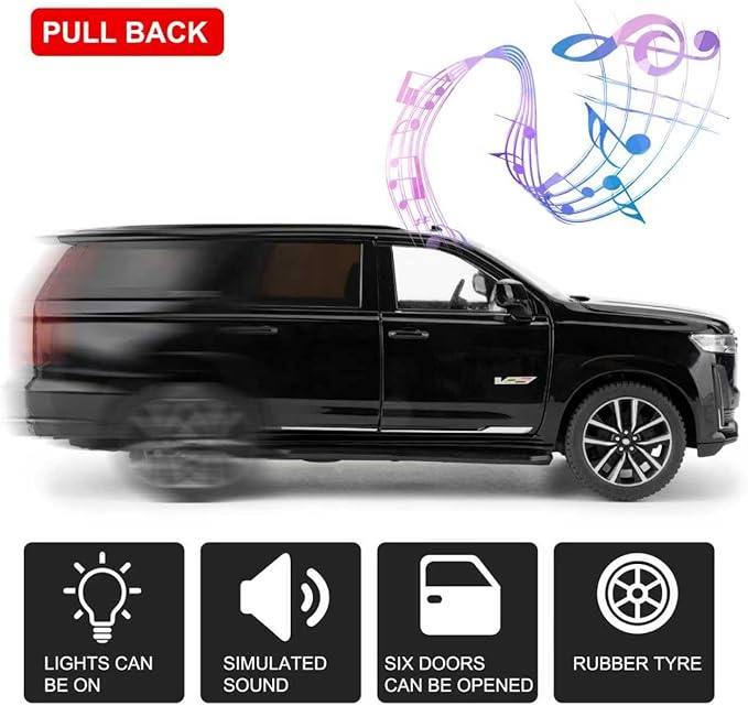 WAKAKAC Toy Car 1:24 Escalade SUV Model Car, Alloy Pull Back Diecast Collectible Cars with Sounds＆Lights for Kids Boys Girls and Adults, Gift Black