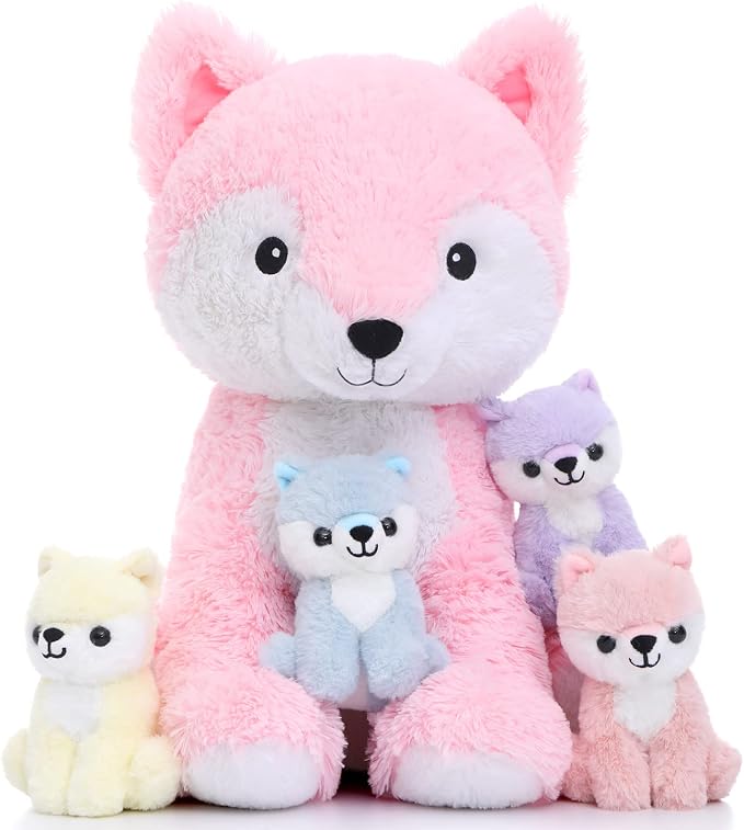 Muiteiur 5 Piece Fox Stuffed Animal Set, Soft Mommy Fox Plush Toy with 4 Cute Babies, Cute Stuffed Animal for Girls and Boys, Fun Gift for Kids, Pink 20inch
