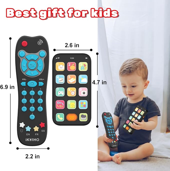 Toy Phone Baby Remote Control Toy Set, Play Phones TV Remote Control with Music Light for 6+ Months, Early Learning Baby Toys Gift for 1 Year Old Boys Girls Toddler Infant Kids, English/Spanish, Blue