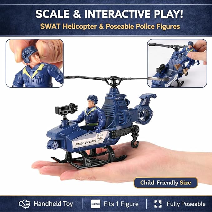 Liberty Imports 8 PCS Police Rescue Patrol Toy Vehicles and Figures Playset - Helicopter, SWAT Truck, Motorcycle, Action Figures, K-9, Weapons, and Accessories for Kids Imaginative Pretend Play