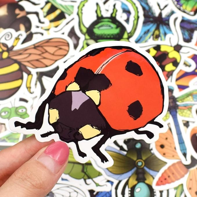 QTL Bug Stickers for Kids, Insect Party Favors, Waterproof Vinyl Stickers for Water Bottle and Laptop, 50PCS