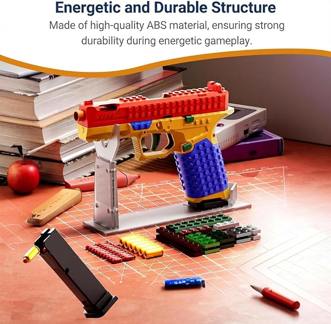 Toy Gun Building Block Kit, DIY Fidget Pistol Toy for Adults, Funny Building Blocks Set with Display Stand, Creative Soft Shooting Collectible