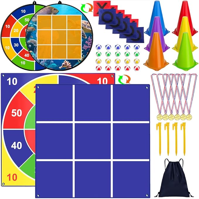 Outdoor Giant Tic Tac Toe Yard Games Double-Sided with Bean Bag Toss Mat, 26" Dart Board with Sticky Balls, Soft Plastic Cones Ring Toss Game for Kids Adults Family Indoor Outside Carnival Lawn Games