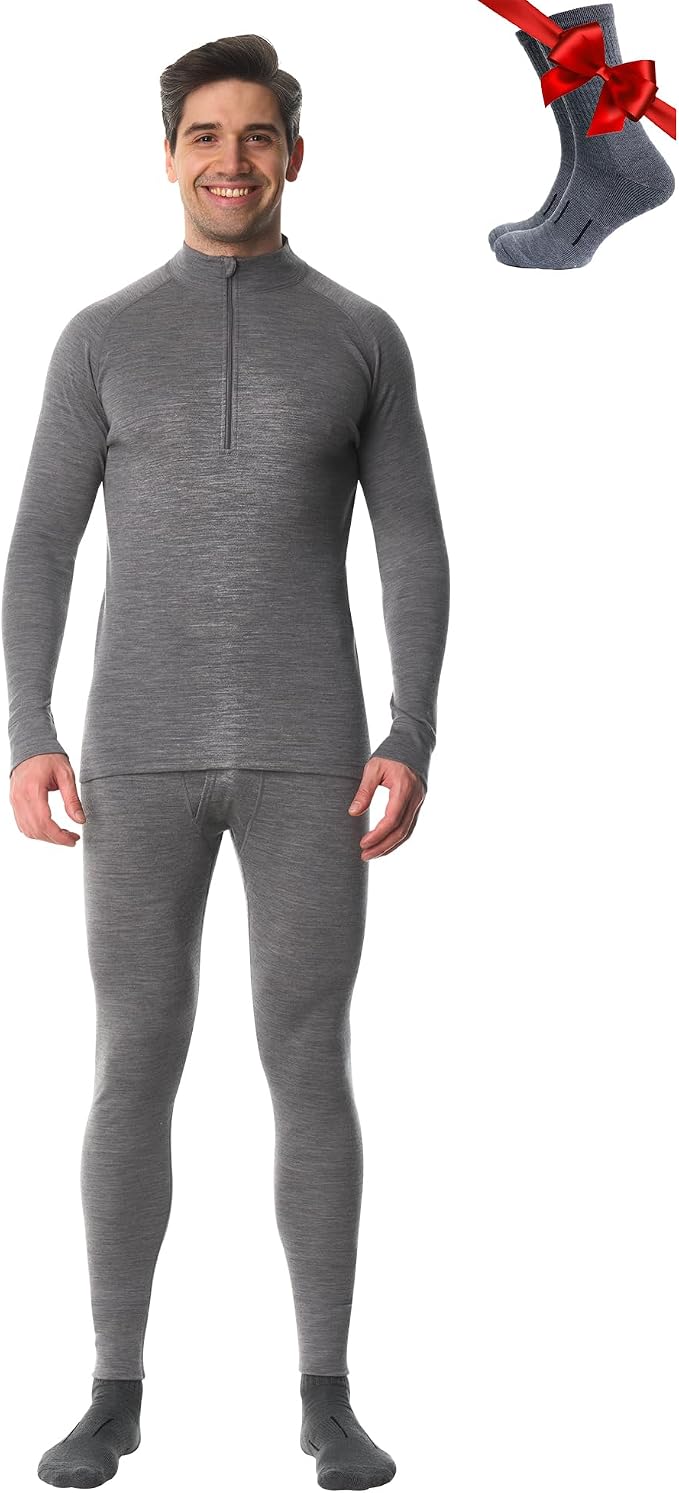 Merino.tech Merino Wool Base Layer Mens Set - Heavyweight, Midweight, Lite Merino Wool Thermal Underwear For Men Top, Bottom