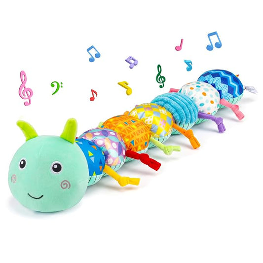 Baby Tummy Time Toys 0-6 Month Musical Stuffed Animal Plush Caterpillar Toy for Infant 6-12 Month Teething Sensory Toy with Crinkle Rattle for Babies 0-3-6 Month Newborn Boy Girl Easter Basket Stuffer