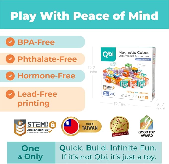 QBI Magnetic Blocks for Toddlers Ages 2-4｜STEM Magnetic Building Blocks with Trucks & Fruit Tiles｜Montessori Magnet Building Cubes for Kids｜Educational Gifts for Boys & Girls Ages 2+ (32PCS)