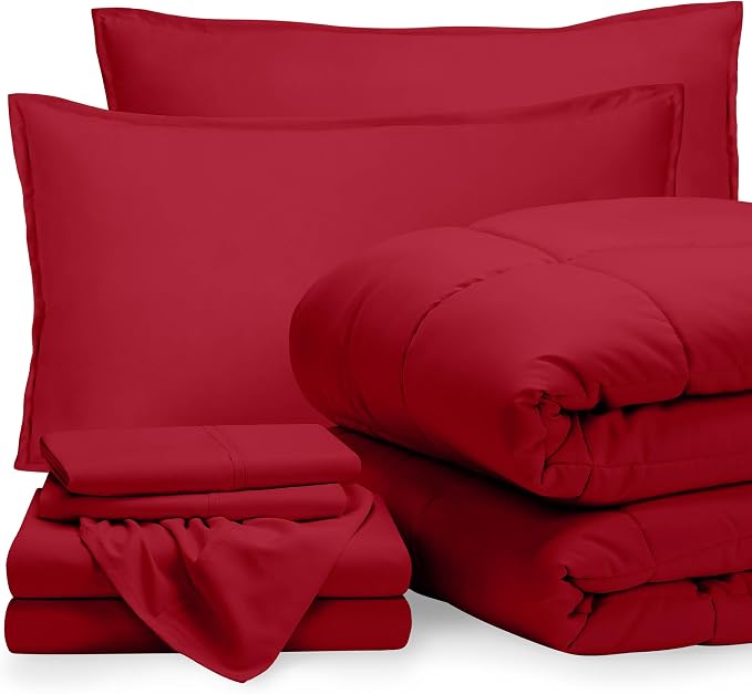Bare Home Bed-in-A-Bag 7 Piece Comforter & Sheet Set - King - Goose Down Alternative - Ultra-Soft 1800 Premium - Bed Set (King, Red/Red)