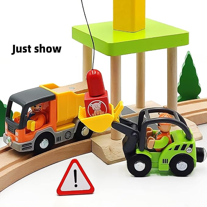 Wooden Train Cars Track Accessories Set Digger and Dump Truck Small Vehicles Magnetic Train Cars Fit for Wooden Train Track Railway for Boys and Girls (Construction Set)