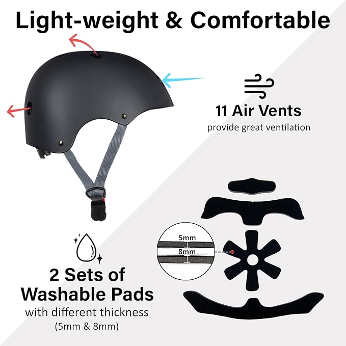 Skateboard Bike Helmet, Lightweight Adjustable, Multi-Sport for Bicycle Skate Scooter, 3 Sizes for Adult Youth & Kids