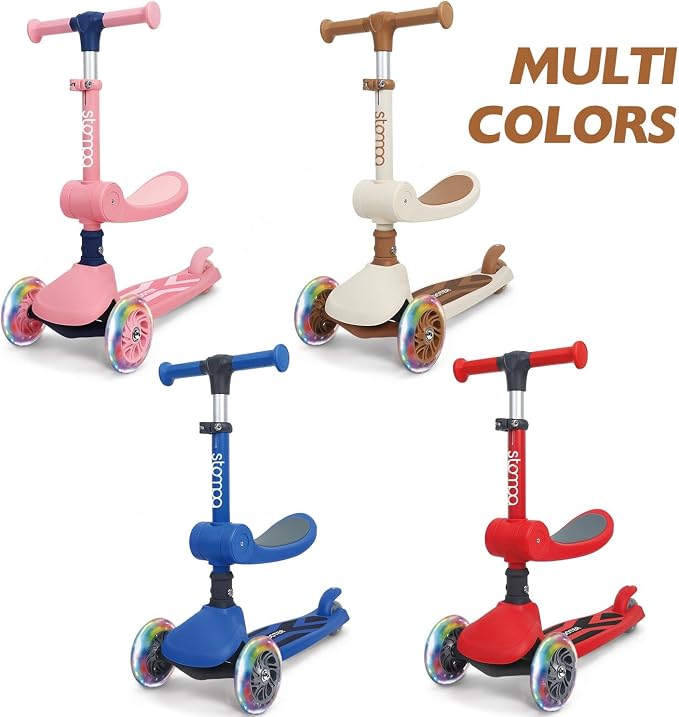 Stompa Kids Scooter 2-in-1 Light Up 3 Wheel Scooters with 4 Levels Adjustable Handlebar, Foldable Seat, Widen Non-Slip Deck for Girls & Boys Max 110 Lbs