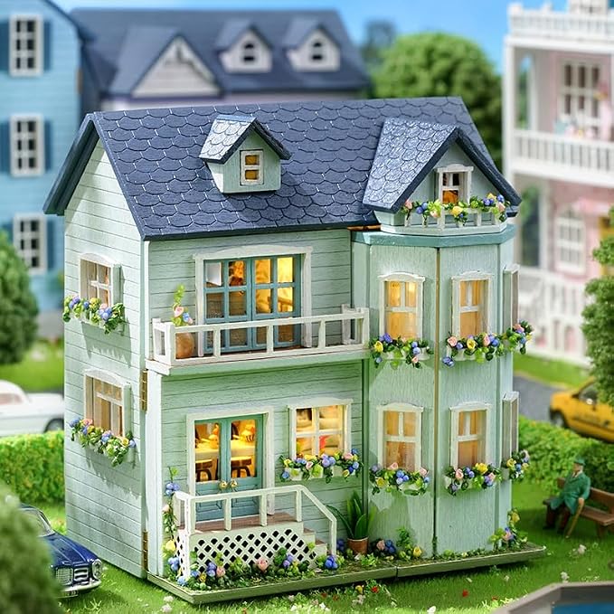 TuKIIE DIY Miniature Dollhouse Kit with Furniture, 1:32 Scale Creative Room Opened & Closed Mini Wooden Doll House for Kids Teens Adults(Warm House)
