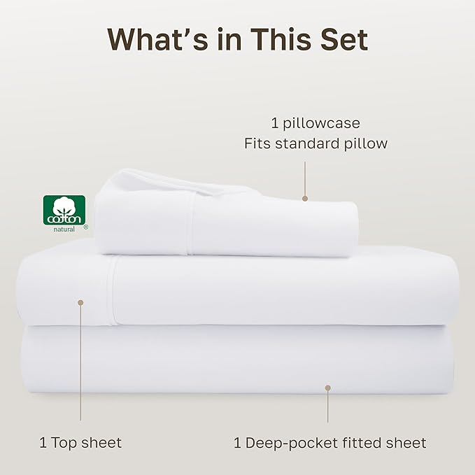 California Design Den Soft 100% Cotton Twin Sheet Set, 400 Thread Count Good Housekeeping Award Winner, Silky Smooth Sateen Weave, Breathable and Durable Cotton Bedding Set - White