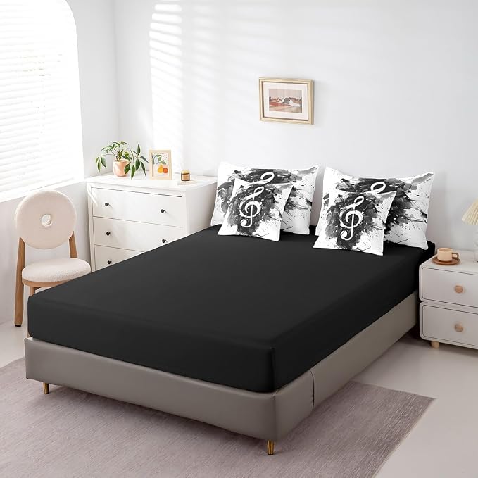 Feelyou Music Comforter Set with Sheets Queen Size Guitar Instruments Bed in a Bag for Boys Girls Teens Black White 7 Pieces Bedding Set Soft Lightweight Microfiber
