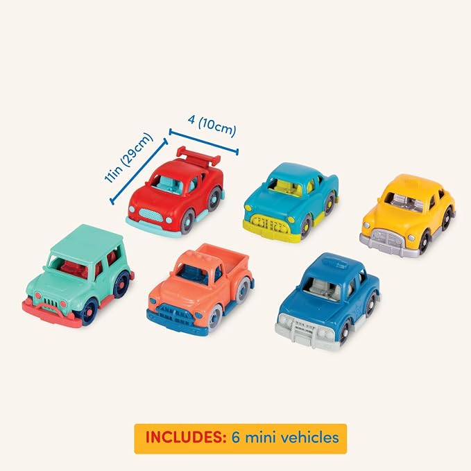 Battat – Wonder Wheels – Set of 6 Mini Toy Cars for Kids – Race Car, Truck, Taxi, Police, Retro, 4x4 – Pretend Play – Recyclable Materials – Mini Riders – 1 Year +