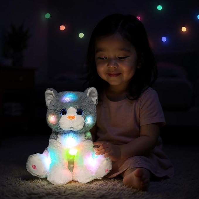 Light-up Singing Plush Cat LED Musical Kitty Stuffed Animal Adjustable Volume Lullaby Plushies Birthday Christmas Toy Gifts for Kids Toddler Girls, 10.5"