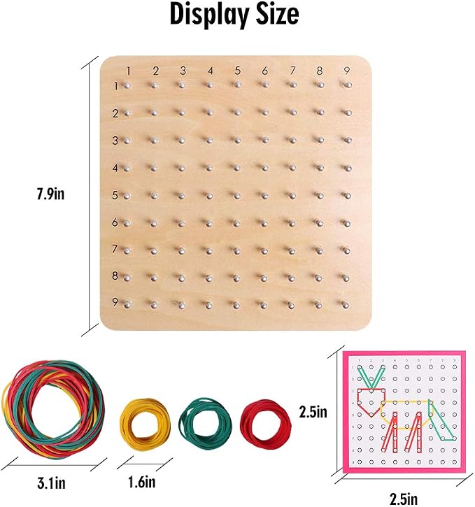 Wooden Geoboard with Pattern Cards & Rubber Bands, Montessori STEM Educational Toy for Kids 3-5 5-8 Years Old, Brain Teaser Puzzle Game for Geometry Learning and Creative Shapes