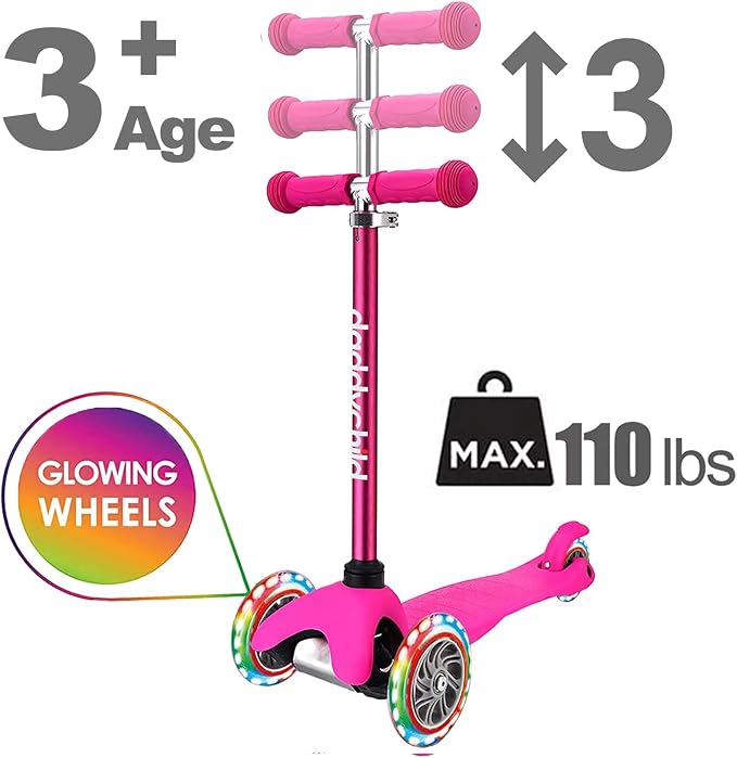 3-Wheel Kick Scooter for Kids Ages 3-8 Lean-to-Steer Toddler Scooter with Extra Wide Light Up Wheels, 4 Adjustable Heights, Foldable Scooters for Boys & Girls, Max Weight 110lbs